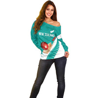 Custom New Zealand Cricket Off Shoulder Sweater Kiwi Birds Haka Dance Turquoise Fern Sporty Style