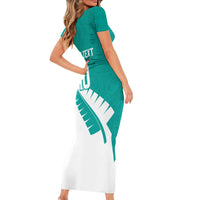 Custom New Zealand Cricket Short Sleeve Bodycon Dress Kiwi Birds Haka Dance Turquoise Fern Sporty Style