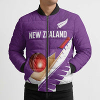 Custom New Zealand Cricket Bomber Puffer Jacket Kiwi Birds Haka Dance Purple Fern Sporty Style