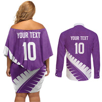 Custom New Zealand Cricket Couples Matching Off Shoulder Short Dress and Long Sleeve Button Shirt Kiwi Birds Haka Dance Purple Fern Sporty Style