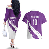 Custom New Zealand Cricket Couples Matching Off The Shoulder Long Sleeve Dress and Hawaiian Shirt Kiwi Birds Haka Dance Purple Fern Sporty Style