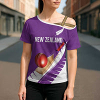 Custom New Zealand Cricket Cross Shoulder Shirt Kiwi Birds Haka Dance Purple Fern Sporty Style