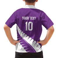 Custom New Zealand Cricket Family Matching Off The Shoulder Long Sleeve Dress and Hawaiian Shirt Kiwi Birds Haka Dance Purple Fern Sporty Style