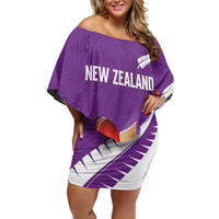Custom New Zealand Cricket Family Matching Off Shoulder Short Dress and Hawaiian Shirt Kiwi Birds Haka Dance Purple Fern Sporty Style