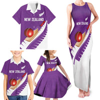 Custom New Zealand Cricket Family Matching Tank Maxi Dress and Hawaiian Shirt Kiwi Birds Haka Dance Purple Fern Sporty Style