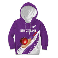 Custom New Zealand Cricket Kid Hoodie Kiwi Birds Haka Dance Purple Fern Sporty Style
