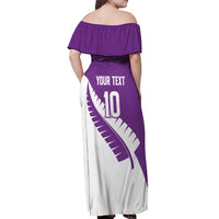 Custom New Zealand Cricket Off Shoulder Maxi Dress Kiwi Birds Haka Dance Purple Fern Sporty Style