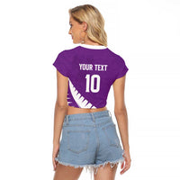 Custom New Zealand Cricket Raglan Cropped T Shirt Kiwi Birds Haka Dance Purple Fern Sporty Style