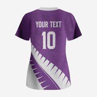Custom New Zealand Cricket Scrub Top Kiwi Birds Haka Dance Purple Fern Sporty Style