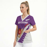 Custom New Zealand Cricket Scrub Top Kiwi Birds Haka Dance Purple Fern Sporty Style