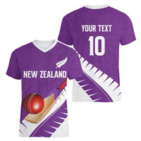 Custom New Zealand Cricket Women V-Neck T-Shirt Kiwi Birds Haka Dance Purple Fern Sporty Style