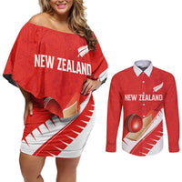 Custom New Zealand Cricket Couples Matching Off Shoulder Short Dress and Long Sleeve Button Shirt Kiwi Birds Haka Dance Red Fern Sporty Style
