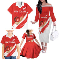 Custom New Zealand Cricket Family Matching Off The Shoulder Long Sleeve Dress and Hawaiian Shirt Kiwi Birds Haka Dance Red Fern Sporty Style