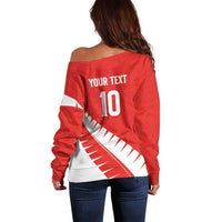 Custom New Zealand Cricket Off Shoulder Sweater Kiwi Birds Haka Dance Red Fern Sporty Style
