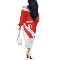 Custom New Zealand Cricket Off The Shoulder Long Sleeve Dress Kiwi Birds Haka Dance Red Fern Sporty Style