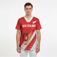 Custom New Zealand Cricket Scrub Top Kiwi Birds Haka Dance Red Fern Sporty Style