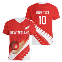 Custom New Zealand Cricket Women V-Neck T-Shirt Kiwi Birds Haka Dance Red Fern Sporty Style