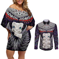 New Zealand Hei Tiki Couples Matching Off Shoulder Short Dress and Long Sleeve Button Shirt Maori Purple Papua Shell Pattern LT03 Purple - Polynesian Pride