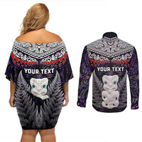 New Zealand Hei Tiki Couples Matching Off Shoulder Short Dress and Long Sleeve Button Shirt Maori Purple Papua Shell Pattern LT03 - Polynesian Pride