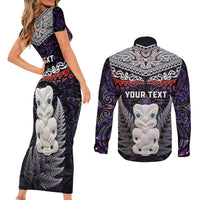 New Zealand Hei Tiki Couples Matching Short Sleeve Bodycon Dress and Long Sleeve Button Shirt Maori Purple Papua Shell Pattern LT03 - Polynesian Pride