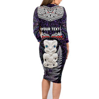 New Zealand Hei Tiki Family Matching Long Sleeve Bodycon Dress and Hawaiian Shirt Maori Purple Papua Shell Pattern LT03 - Polynesian Pride