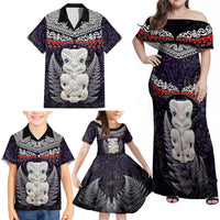 New Zealand Hei Tiki Family Matching Off Shoulder Maxi Dress and Hawaiian Shirt Maori Purple Papua Shell Pattern LT03 - Polynesian Pride