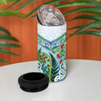 Aotearoa New Zealand Natural Plants 4 in 1 Can Cooler Tumbler Pohutukawa with Silver Ferns Koru Frond Maori Tattoos