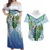 Aotearoa New Zealand Natural Plants Couples Matching Off Shoulder Maxi Dress and Hawaiian Shirt Pohutukawa with Silver Ferns Koru Frond Maori Tattoos