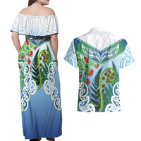 Aotearoa New Zealand Natural Plants Couples Matching Off Shoulder Maxi Dress and Hawaiian Shirt Pohutukawa with Silver Ferns Koru Frond Maori Tattoos