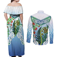 Aotearoa New Zealand Natural Plants Couples Matching Off Shoulder Maxi Dress and Long Sleeve Button Shirt Pohutukawa with Silver Ferns Koru Frond Maori Tattoos