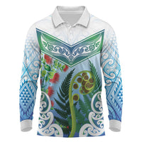 Aotearoa New Zealand Natural Plants Long Sleeve Polo Shirt Pohutukawa with Silver Ferns Koru Frond Maori Tattoos