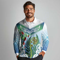 Aotearoa New Zealand Natural Plants Long Sleeve Polo Shirt Pohutukawa with Silver Ferns Koru Frond Maori Tattoos