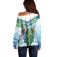 Aotearoa New Zealand Natural Plants Off Shoulder Sweater Pohutukawa with Silver Ferns Koru Frond Maori Tattoos