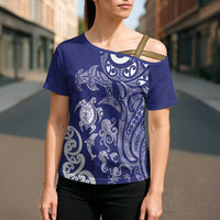 New Zealand Sea Animals with Maori Tribal Tattoo Cross Shoulder Shirt Blue Color