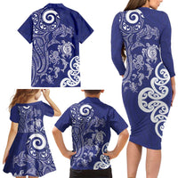 New Zealand Sea Animals with Maori Tribal Tattoo Family Matching Long Sleeve Bodycon Dress and Hawaiian Shirt Blue Color