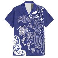 New Zealand Sea Animals with Maori Tribal Tattoo Family Matching Off The Shoulder Long Sleeve Dress and Hawaiian Shirt Blue Color