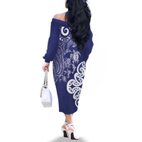 New Zealand Sea Animals with Maori Tribal Tattoo Family Matching Off The Shoulder Long Sleeve Dress and Hawaiian Shirt Blue Color