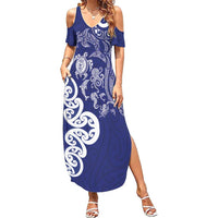 New Zealand Sea Animals with Maori Tribal Tattoo Family Matching Summer Maxi Dress and Hawaiian Shirt Blue Color