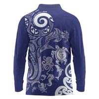 New Zealand Sea Animals with Maori Tribal Tattoo Long Sleeve Polo Shirt Blue Color