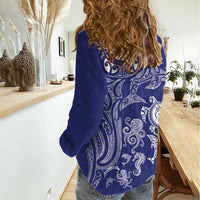 New Zealand Sea Animals with Maori Tribal Tattoo Women Casual Shirt Blue Color