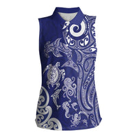New Zealand Sea Animals with Maori Tribal Tattoo Women Sleeveless Polo Shirt Blue Color