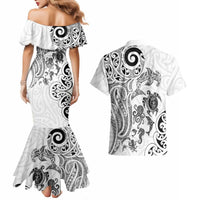 New Zealand Sea Animals with Maori Tribal Tattoo Couples Matching Mermaid Dress and Hawaiian Shirt White Color