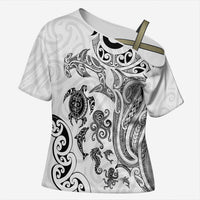 New Zealand Sea Animals with Maori Tribal Tattoo Cross Shoulder Shirt White Color