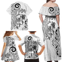 New Zealand Sea Animals with Maori Tribal Tattoo Family Matching Off Shoulder Maxi Dress and Hawaiian Shirt White Color