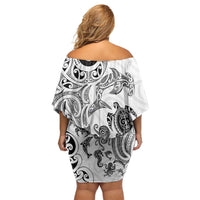 New Zealand Sea Animals with Maori Tribal Tattoo Family Matching Off Shoulder Short Dress and Hawaiian Shirt White Color