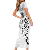 New Zealand Sea Animals with Maori Tribal Tattoo Family Matching Short Sleeve Bodycon Dress and Hawaiian Shirt White Color