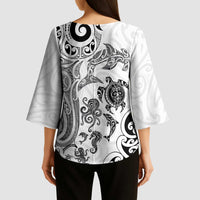 New Zealand Sea Animals with Maori Tribal Tattoo Kimono Sleeve Blouse White Color