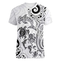 New Zealand Sea Animals with Maori Tribal Tattoo Women V-Neck T-Shirt White Color