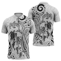 New Zealand Sea Animals with Maori Tribal Tattoo Zipper Polo Shirt White Color