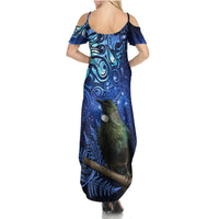New Zealand Tui Bird Matariki Summer Maxi Dress Maori New Year with Galaxy Fern